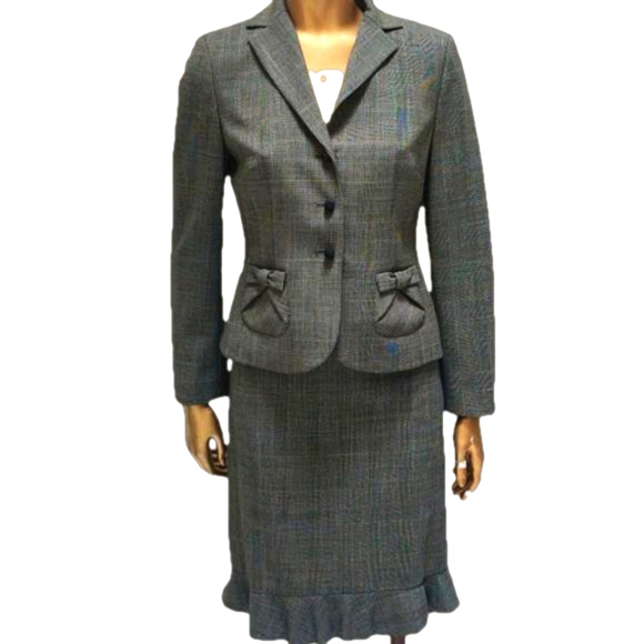 Ann Taylor 2 Piece Skirt Suit Gray Plaid Petite Business Attire Black White Wool - Picture 2 of 15